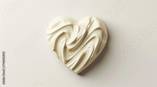 white chocolate texture in heart shape on beige background. Background of websites. Banner and copy space.