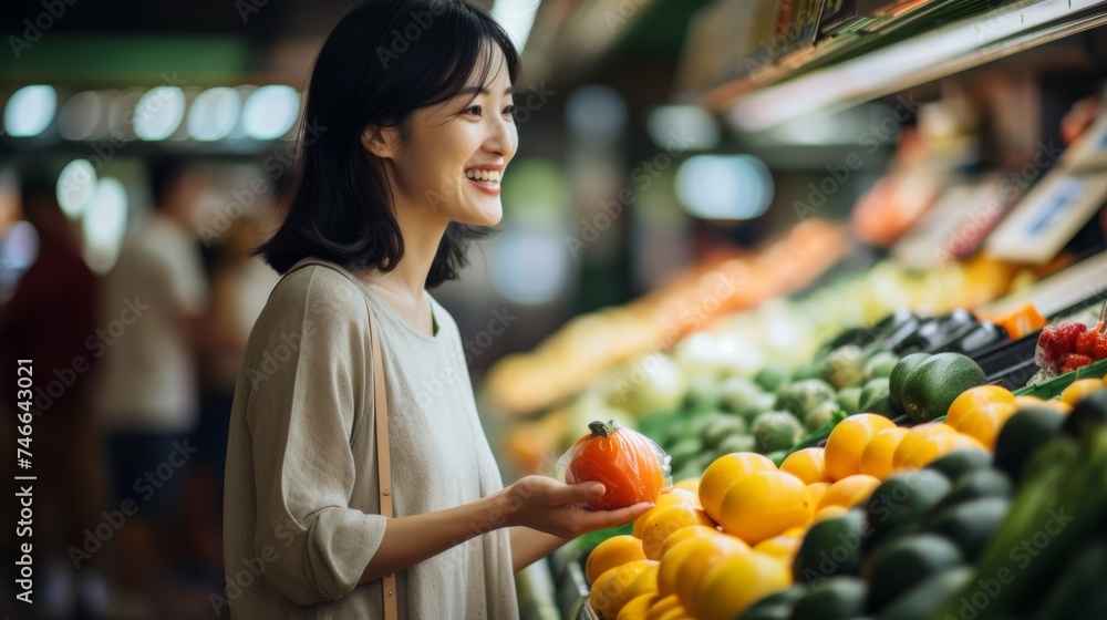 Smiling woman shopping for fresh vegetables in a grocery store, evoking themes of health, nourishment, and daily life.