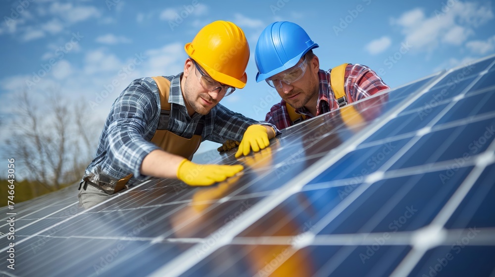 Two engineers in safety helmets install solar panels on a sunny day, symbolizing teamwork in renewable energy industries. Two engineers in safety helmets install solar panels on a sunny day, symbolizing teamwork in renewable energy industries.