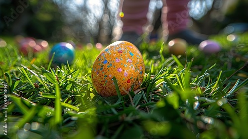 Close up of Easter egg hided in grass in garden. Kids eggs hunting concept