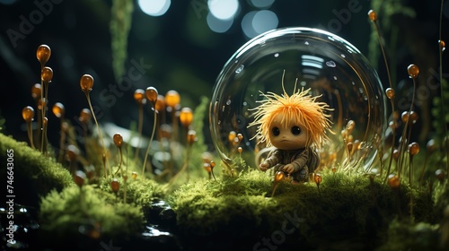 a little alien sitting in a bubble with bubbles on grass, in the style of intricate underwater worlds, animated gifs, photo-realistic, futurist, nature, solarpunk photo