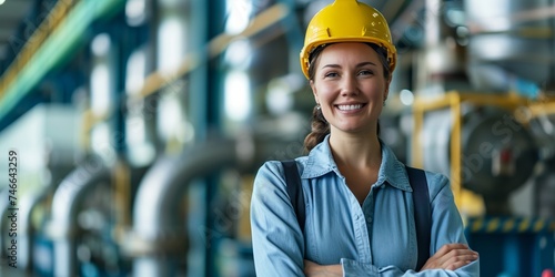 A smiling woman in a yellow safety helmet and blue shirt stands confidently at an industrial plant, symbolizing workplace safety and employment equality.