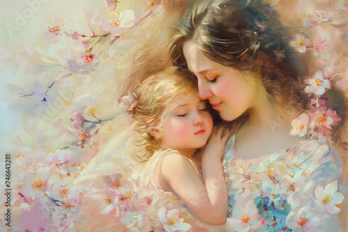 Pastel portrait, woman embrace child, surrounded by spring blossoms
