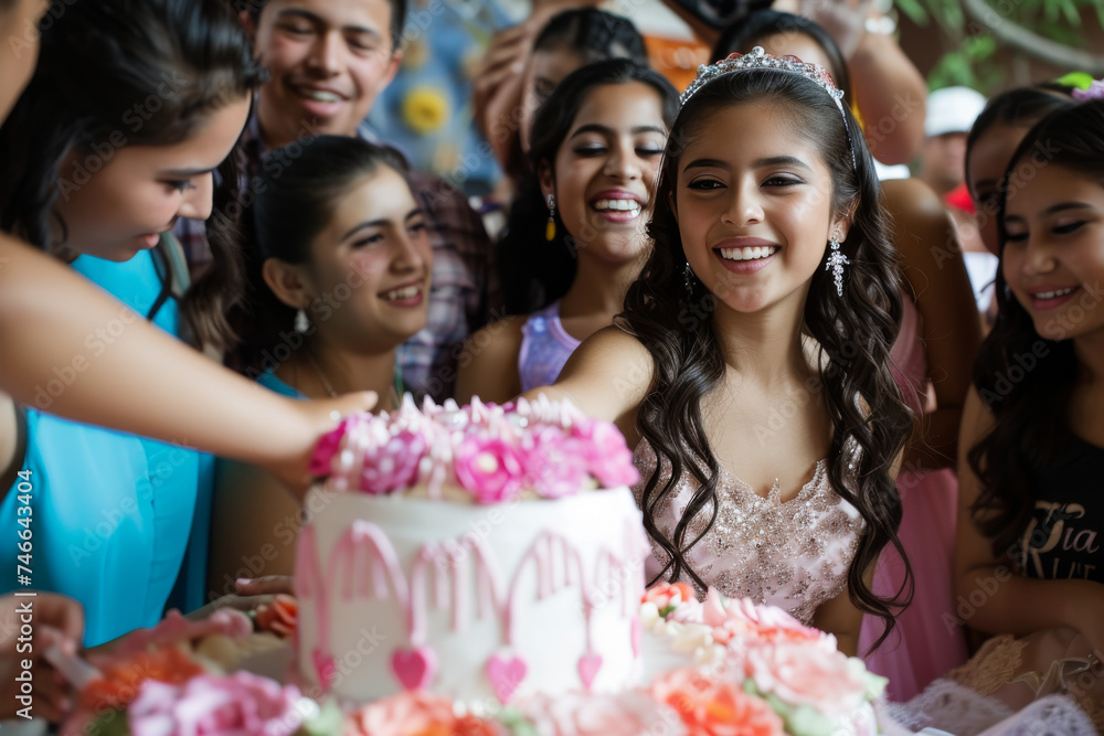 Joyful quinceanera girl cutting her birthday cake surrounded by family and friends.