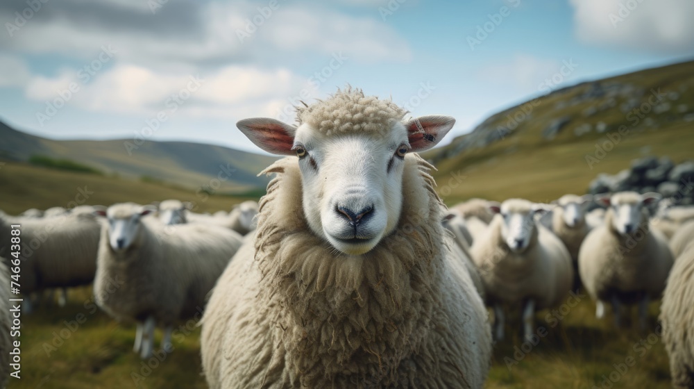 Knowledgeable sheep with warm smile peaceful flock backdrop
