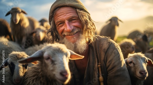 Shepherd's happiness with sheep infectious smile idyllic scene photo