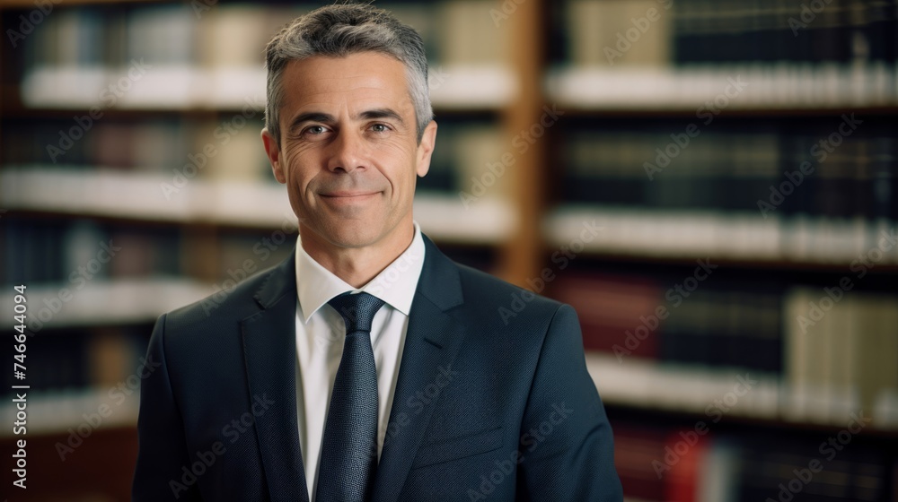 Lawyer reflects justice commitment reassuring smile shelves of texts and files Lawyer reflects justice commitment reassuring smile shelves of texts and files