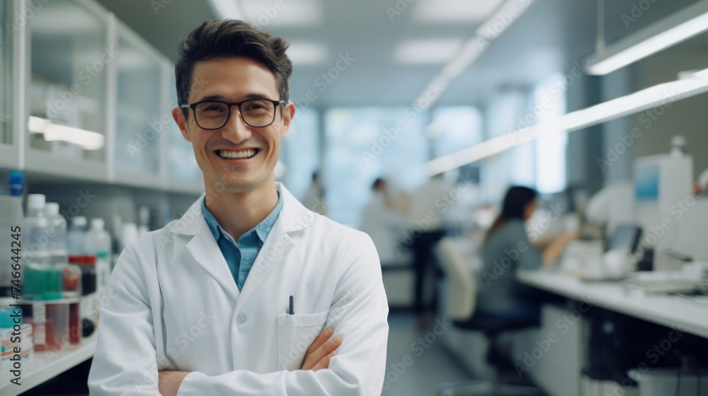 Biologist's infectious joy successful experiment lively lab setting background Biologist's infectious joy successful experiment lively lab setting background
