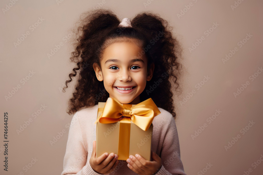 A charming young girl with white gift box and gold bow for Mother's Day or Birthday A charming young girl with white gift box and gold bow for Mother's Day or Birthday