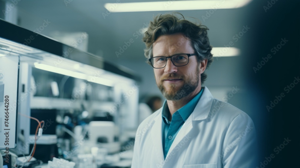 Respectful skilled biologist professional smile hints at laboratory equipment Respectful skilled biologist professional smile hints at laboratory equipment