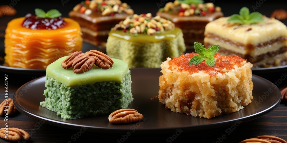 Various sweet treats arranged on a black plate Various sweet treats arranged on a black plate