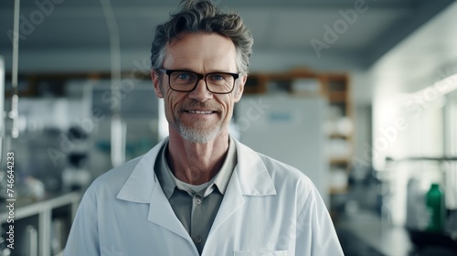 Fulfilled biologist serene smile lab equipment and research materials backdrop