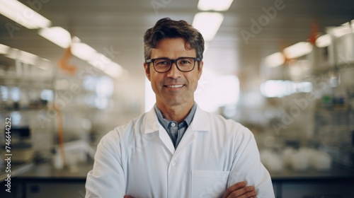 Biologist's pride in discovery fulfilled smile background hinting at lab equipment