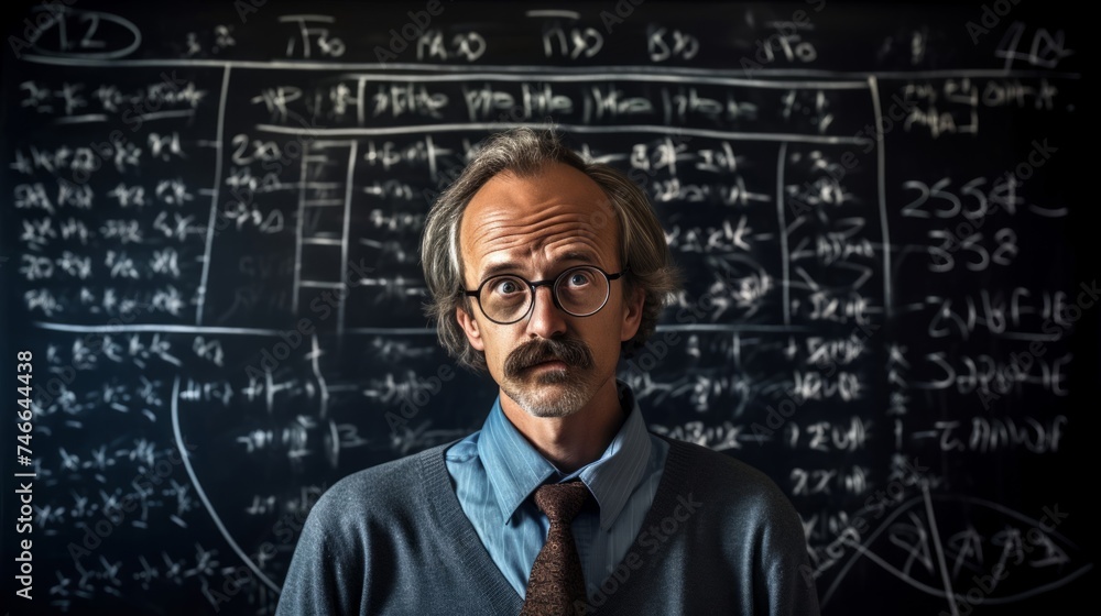 Focused mathematician chalkboard equations well-organized intellectually stimulating Focused mathematician chalkboard equations well-organized intellectually stimulating