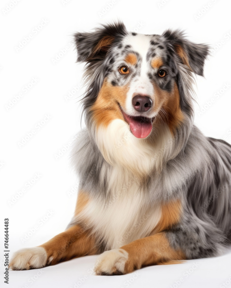 an adult dog of the Aussie breed, an Australian Shepherd. a smiling pet, an animal. white background.