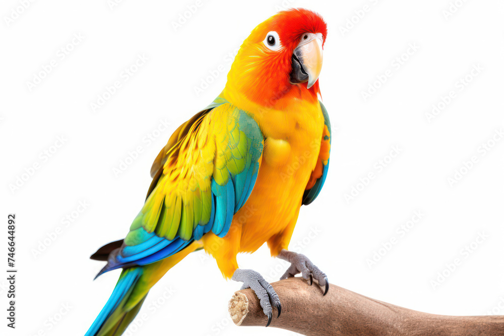 Colorful Feathered Delight: Lovely Parrot with Yellow, Blue, and Green Plumage, Perched on a White Background