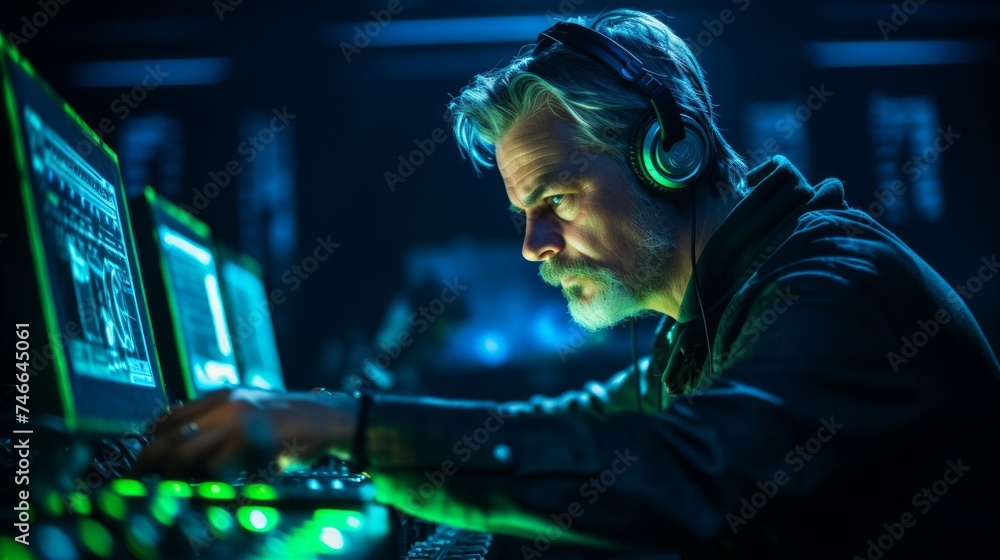 Fototapeta premium Vivid portrait of a sound tech neon illumination with dynamic sound wave background
