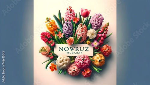 Nowruz mubarak greeting card illustration with beautiful flowers.