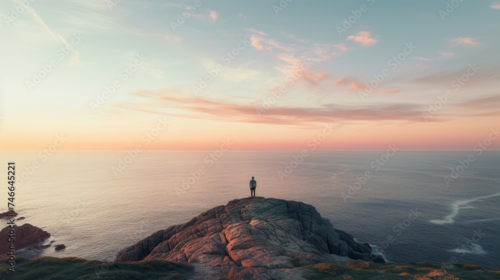 Silhouetted philosopher overlooking ocean standing on cliff during peaceful sunset - obrazy, fototapety, plakaty 