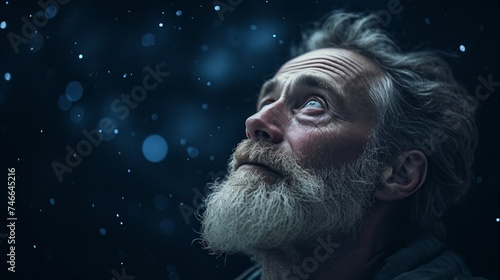 Philosopher gazing at celestial planets bathed in cosmic night sky colors