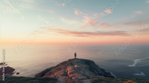 Silhouetted philosopher overlooking ocean standing on cliff during peaceful sunset