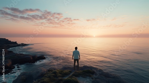Philosopher on cliff edge overlooking ocean at sunset silhouette against pastels