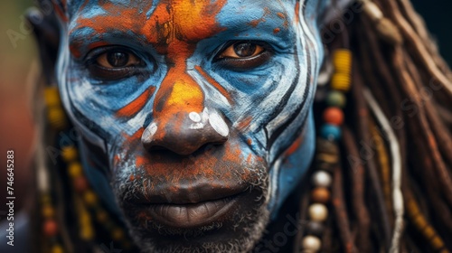 Philosopher with tribal paint vibrant colors of indigenous village background