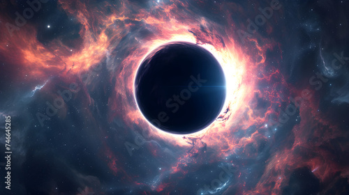 Concept of a black hole in space, among the stars. Background template for scientific presentation, astromony, space visualization