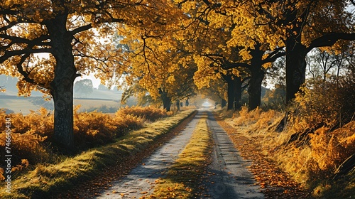 a long paved road is lined with yellow trees, in the style of serene pastoral scenes, photo-realistic landscapes, villagecore, lush landscape backgrounds, wimmelbilder photo