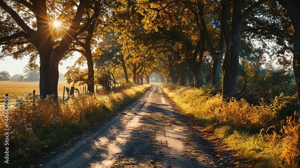 Obraz premium a long road is paved with trees and fields of yellow grass, in the style of tradition, eye-catching, yellow, wimmelbilder