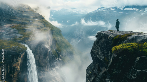 A man stands at the edge of a cliff, gazing out over a majestic waterfall cascading into a pool below