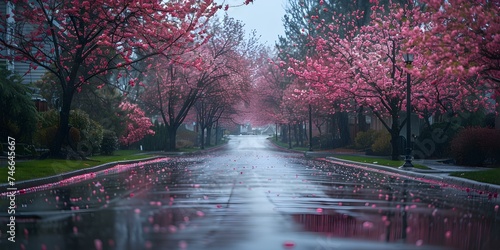 Vibrant pink petals of blooming trees lining a wet street in rain. Concept Rainy Day Photography, Spring Blooms, Pink Petals, Wet Streets