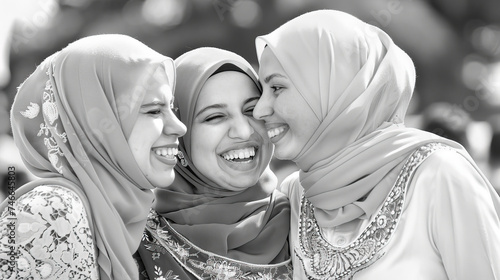 Three women wearing hijabs are embracing each other in a warm hug