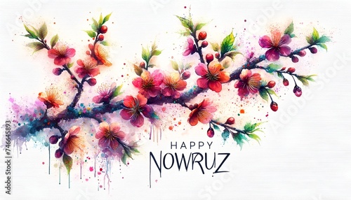 Watercolor style illustration for persian new year with the text happy nowruz and a branch of a blossoming tree. photo
