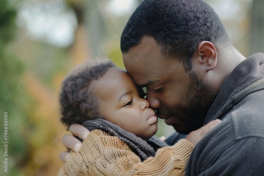 An African American father embracing his child full of love An African American father embracing his child full of love
