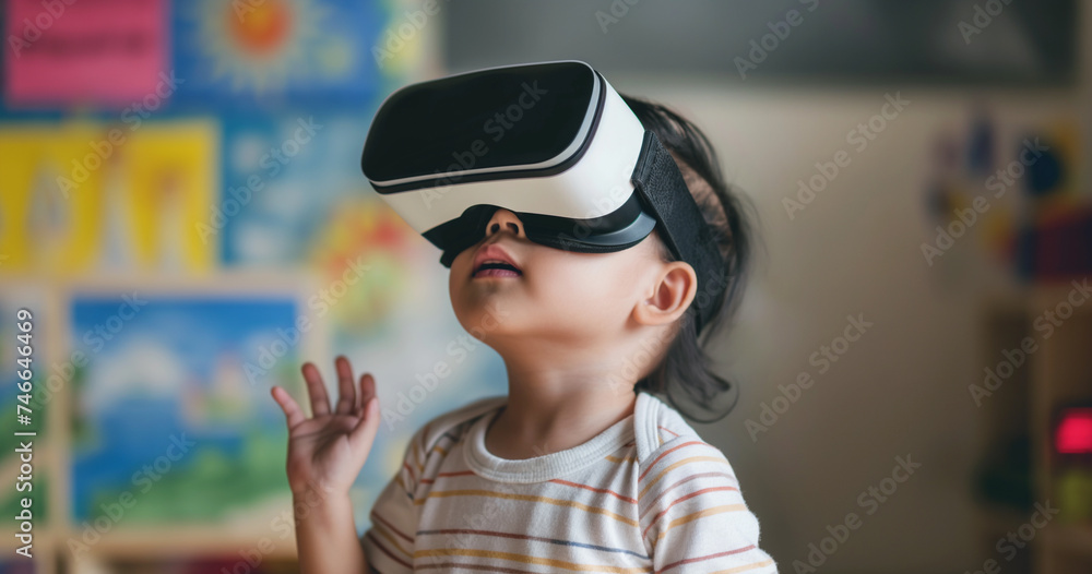 Asian toddler wearing virtual reality headset indoors, at school in classroom Asian toddler wearing virtual reality headset indoors, at school in classroom