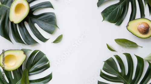 Avocado halves and tropical leaves arranged neatly around a central white space, creating a natural frame. photo