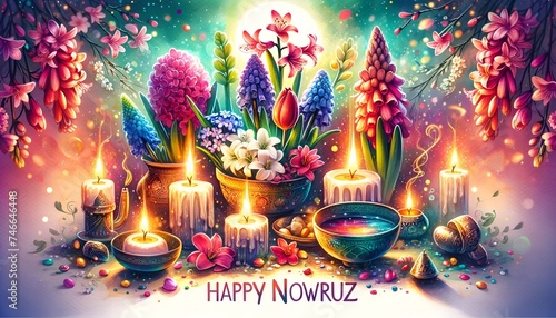 Watercolor style illustration for persian new year with flowers and candles. photo