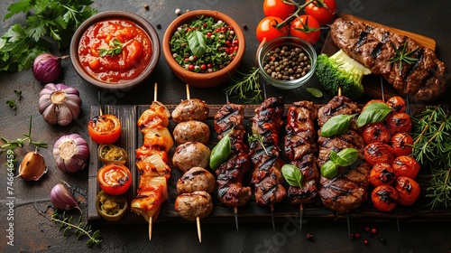 Variety of food grilled on wooden table, top view. Outdoors food Concept