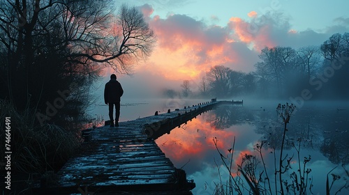 a man on a dock during sunrise, in the style of light indigo and light amber, dark indigo and light cyan, impressive panoramas