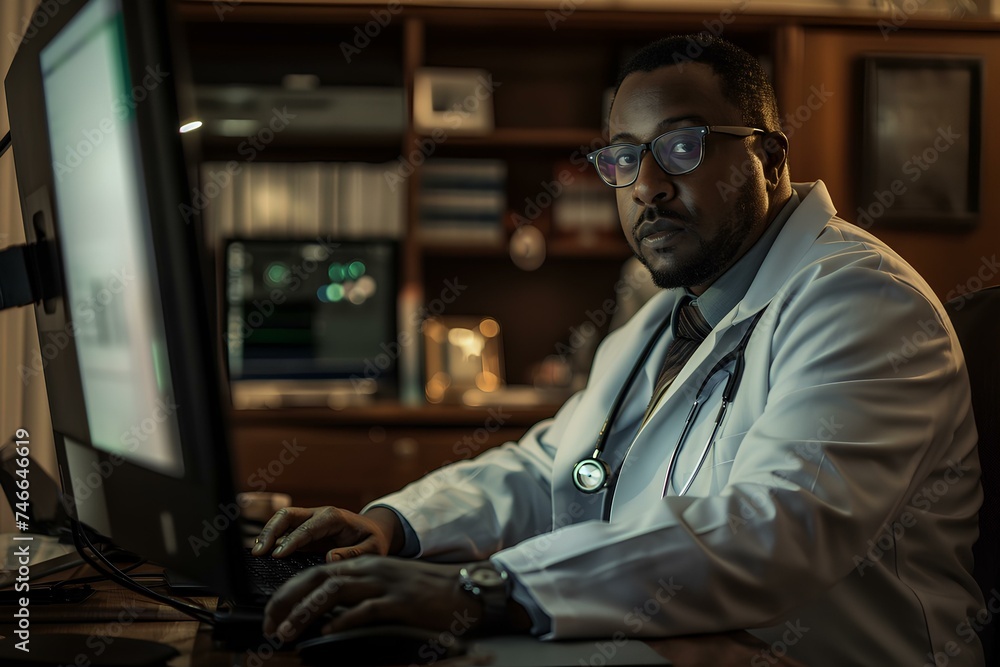 african american doctor of medicine who works in healthcare sitting at the computer. generative AI african american doctor of medicine who works in healthcare sitting at the computer. generative AI