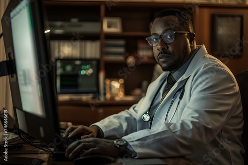 african american doctor of medicine who works in healthcare sitting at the computer. generative AI