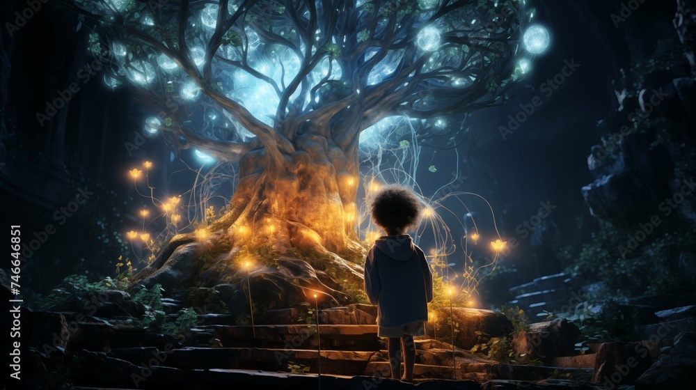 Child discovering a fantastical, ancient tree, fantasy art