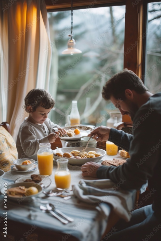 An intimate family breakfast, simple fare shared in a moment of togetherness and morning conversation.