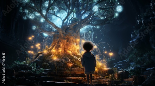 Child discovering a fantastical, ancient tree, fantasy art