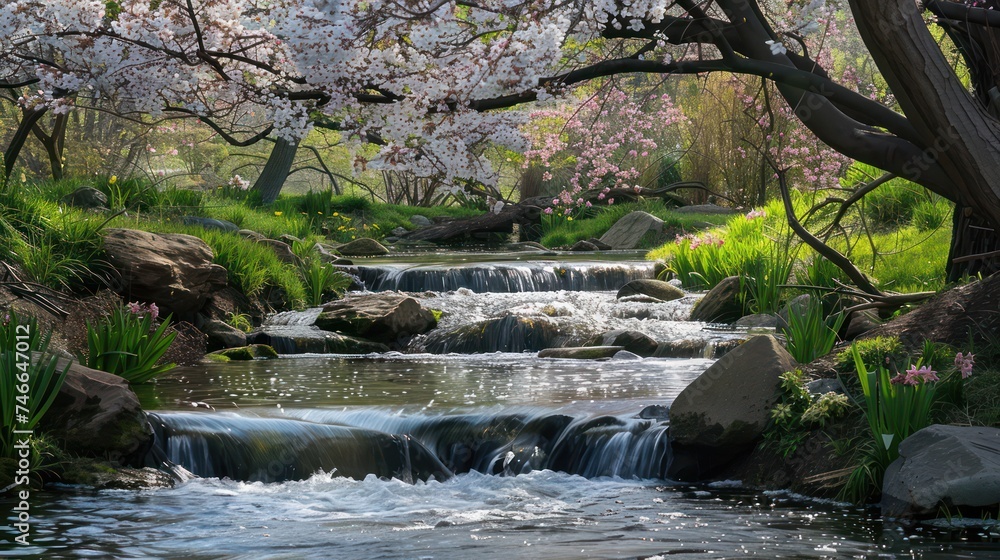 Naklejka premium In spring, flowers bloom with vibrant colors, radiating beauty, coolness, and tranquility