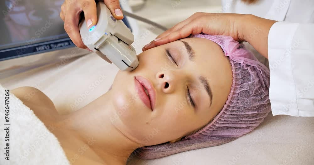 Beautiful woman receiving facial microcurrent treatment at spa salon