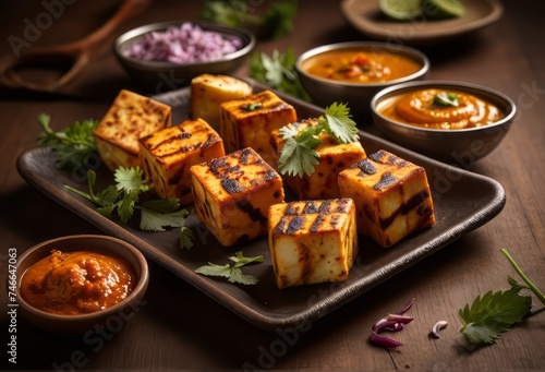 Paneer Tikka Kabab - is an Indian dish made from chunks of cottage cheese marinated in spices & grilled in a tandoor. Served in a plate with salad & green mint chutney. Selective focus