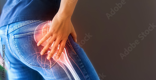 Pain On The Hip. Close-Up. Understanding Hip Pain and Its Impact. Medical Awareness And Treatment.  photo