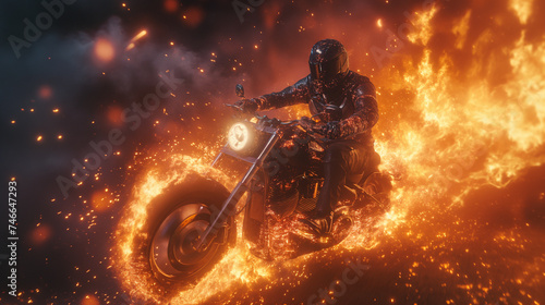 Action shot with man riding away from explosion on bike. Dynamic scene with fire in action movie blockbuster style. © swillklitch